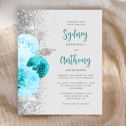 Papier Mariage Turquoise Argent Calligraphie Florale