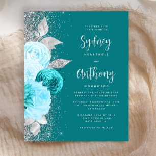 Papier Mariage Turquoise Argent Calligraphie Florale de B