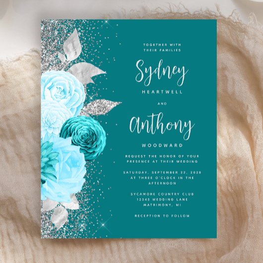 Papier Mariage Turquoise Argent Calligraphie Florale de B