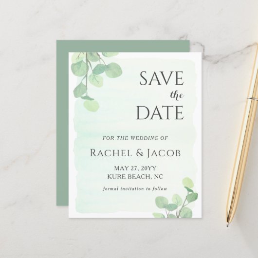 Papier Mariage vert Eucalyptus Enregistrer la date (Devant/Arrière en situation)