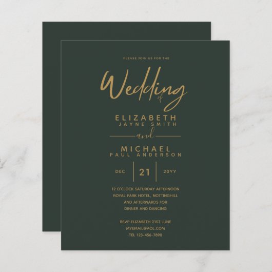 Papier Mariage Vert Or Vert moderne Invite (Devant / Derrière)