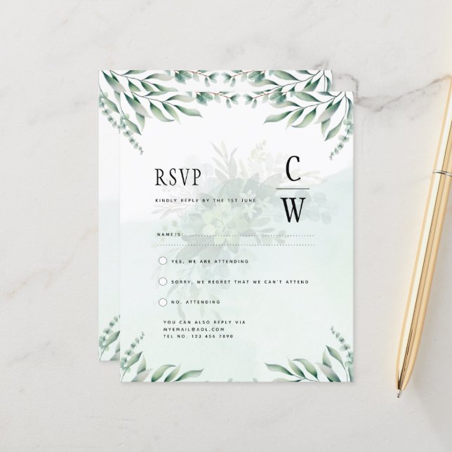Papier Mariage vert RSVP BUDGET (Devant/Arrière en situation)