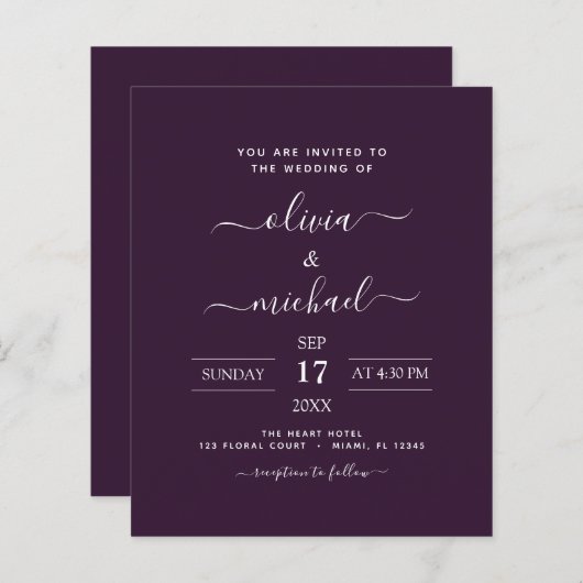 Papier Mariage Violet Pourpre Typographie Moderne Budget (Devant / Derrière)