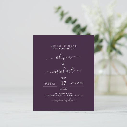 Papier Mariage Violet Pourpre Typographie Moderne Budget (Debout devant)