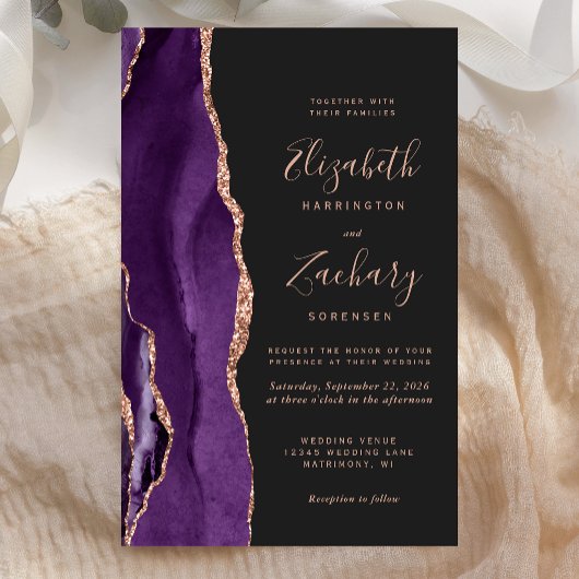 Papier Mariage Violet Rose Doré Agate Foncé Budget