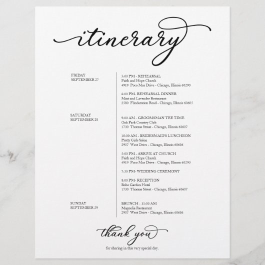 Papier Mariage Week-end Bienvenue Itinéraire Chic Script (Dos)