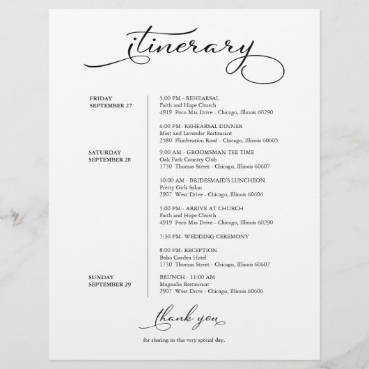 Papier Mariage Week-end Bienvenue Itinéraire Élégant Scri (Dos)