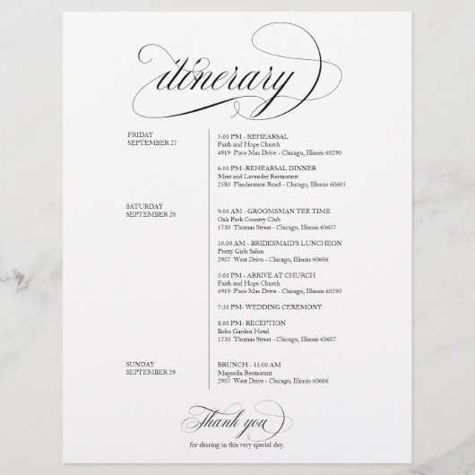 Papier Mariage Week-end Bienvenue Itinéraire noir Script (Dos)