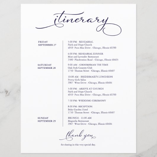 Papier Mariage Week-end Itinéraire Élégant Script Bienven (Dos)