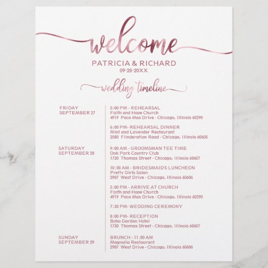 Papier Mariage Week-end Itinéraire Simple Chic Timeline (Devant)
