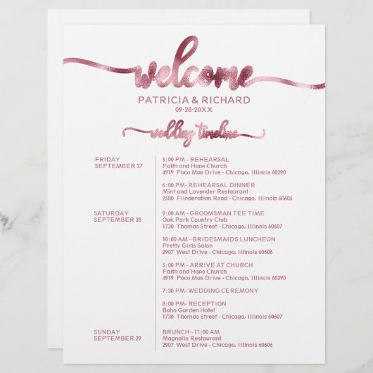 Papier Mariage Week-end Itinéraire Simple Chic Timeline (Devant / Derrière)