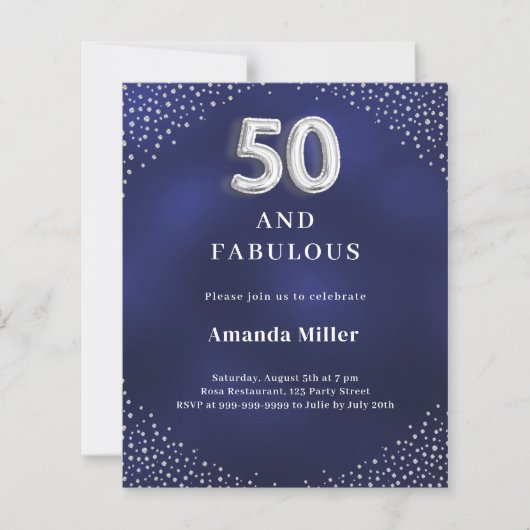 Papier Marine bleu argent 50e fabuleuse invitation annive (Devant)