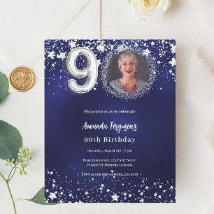Papier Marine bleu argent photo 90e anniversaire invitati