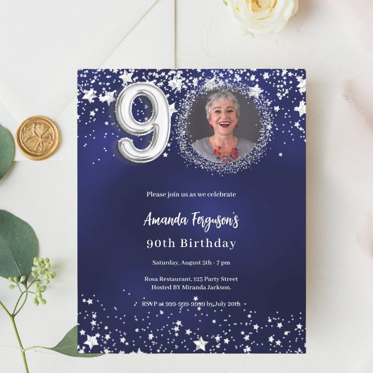 Papier Marine bleu argent photo 90e anniversaire invitati