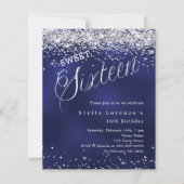 Papier Marine bleu argent script Sweet 16 invitation (Devant)