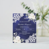 Papier Marine bleu blanc roses dentelle invitation annive (Debout devant)