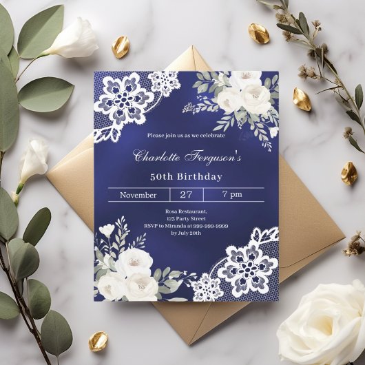 Papier Marine bleu blanc roses dentelle invitation annive