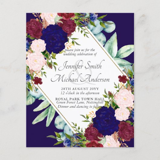 Papier Marine Bleu Bourgogne rose Faire-part de mariage F (Devant)