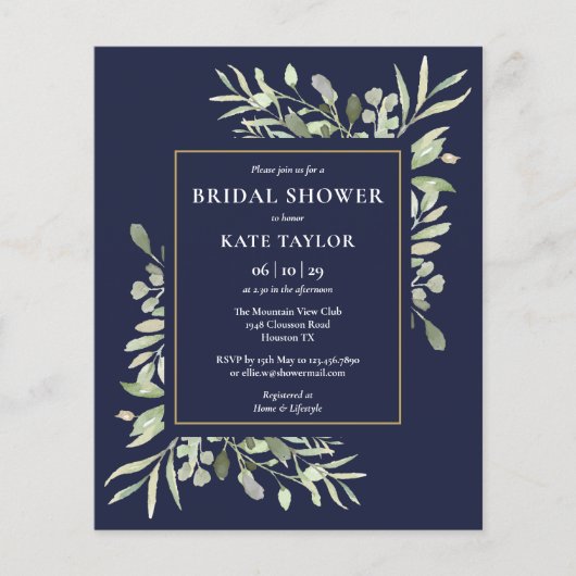 Papier Marine Bleu Budget Vert Bridal Douche Invitation (Devant)