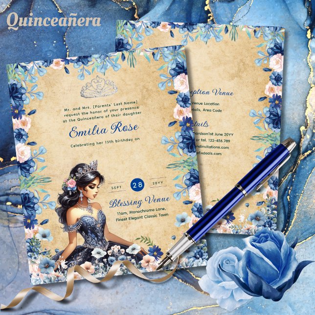 Papier Marine bleu Quinceanera robe Roses floraux (Créateur téléchargé)
