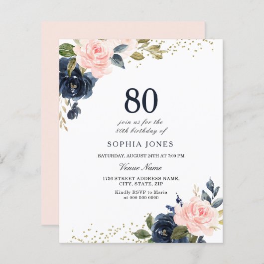 Papier Marine & Blush Budget 80e anniversaire Invitation (Devant / Derrière)
