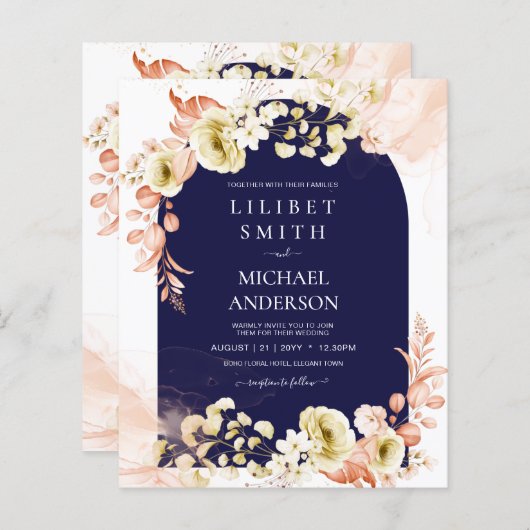 Papier Marine Coral bleu Boho Floral Mariage Invite (Devant / Derrière)