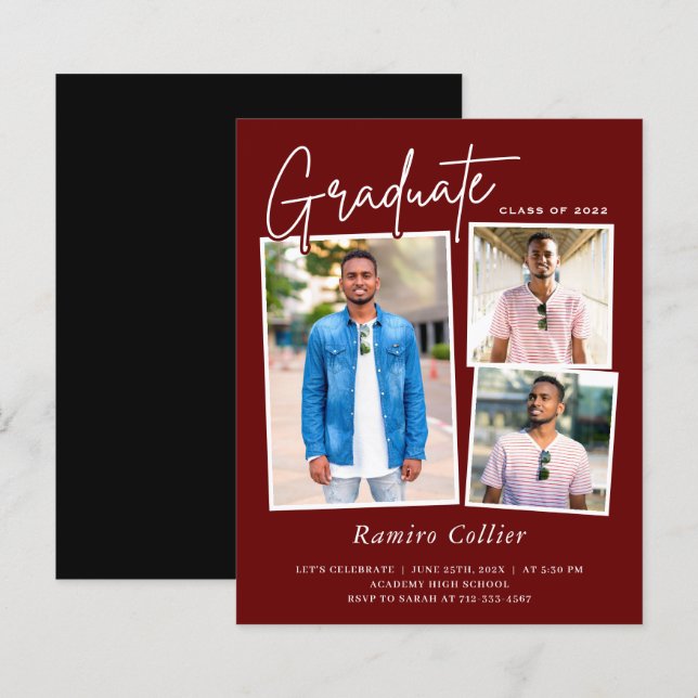 Papier Maroon Red White 3 Photo Graduation Invitation (Devant / Derrière)