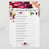 Papier Marsala Bourgogne Floral Fêtes des mariées Jeux (Devant / Derrière)