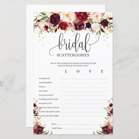 Papier Marsala burgundy or floral Scattergories nuptiales (Devant / Derrière)