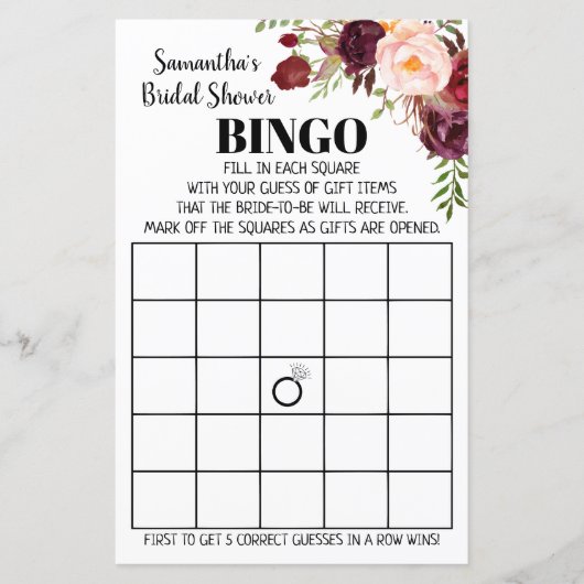Papier Marsala Fleurs Bridal Bingo Wedding shower Jeu (Devant)