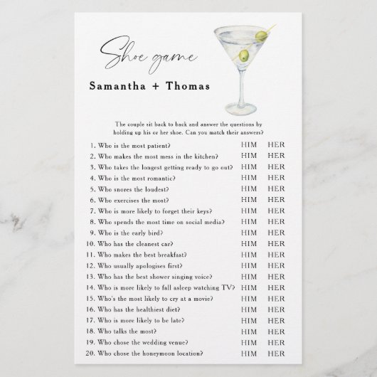 Papier Martini nuptiale douche jeu de chaussures (Devant)