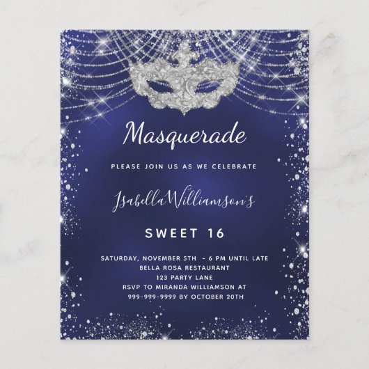 Papier Mascarade bleu marine argent doux 16 invitation (Devant)