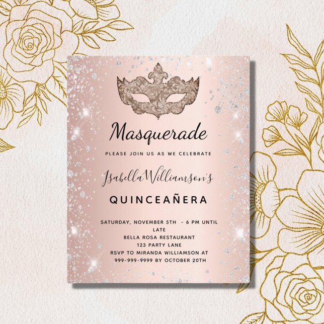 Papier Masquerade rose or argent Quinceanera invitation (Créateur téléchargé)