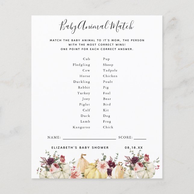 Papier Match animal bébé | Jeu Baby shower (Devant)