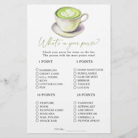 Papier Matcha tea Qu'y a-t-il dans votre sac à main (Devant)