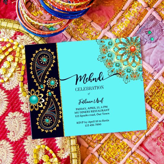 Papier Mehndi bleu or bijoux cachemire budget invitation