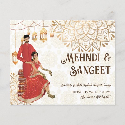 Papier Mehndi budget invitation avec mignonne mariée indi (Devant)