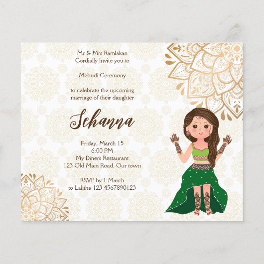 Papier Mehndi budget invitation avec mignonne mariée indi (Dos)