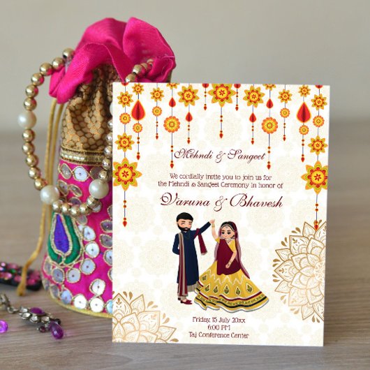 Papier Mehndi sangeet invitation dansant mignon couple in