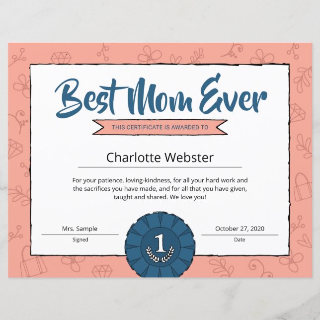 Papier Meilleure Maman Certificat de Parent Prix de la Fê (Devant)