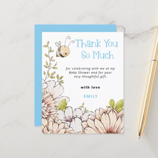 Papier Merci de Baby shower bleu Bumblebee Budget (Devant/Arrière en situation)