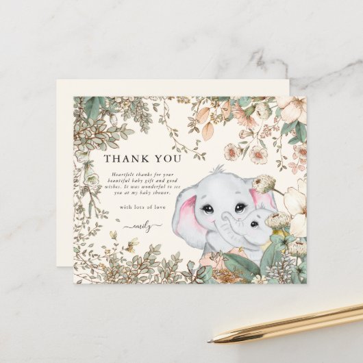 Papier Merci de Baby shower de crème éléphante budgétaire (Devant/Arrière en situation)