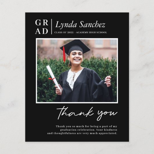 Papier Merci de graduation photo de script noir moderne (Devant)