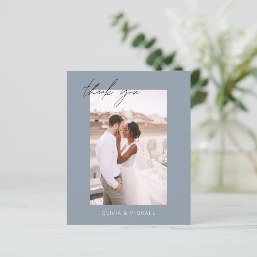 Papier Merci de Mariage de code QR bleu Dusty (Debout devant)