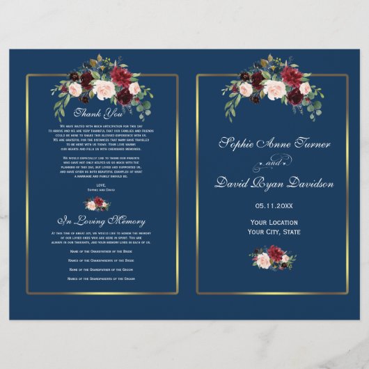 Papier Merlot Floral Navy Blue Gold Frame Wedding Program (Devant)