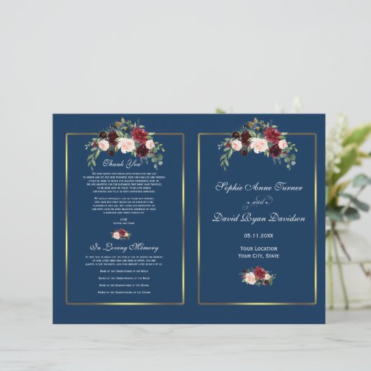 Papier Merlot Floral Navy Blue Gold Frame Wedding Program (Debout devant)