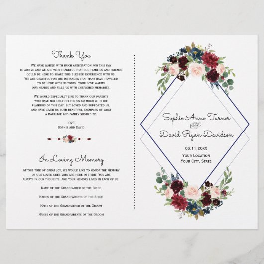 Papier Merlot géométrique Marine Blue Floral Wedding Prog (Devant)