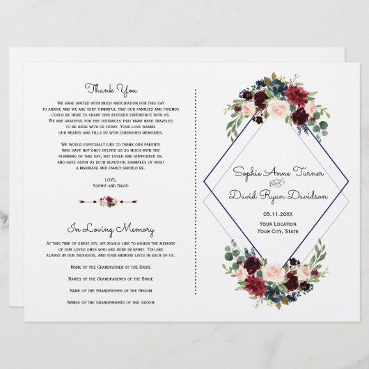 Papier Merlot géométrique Marine Blue Floral Wedding Prog (Devant / Derrière)