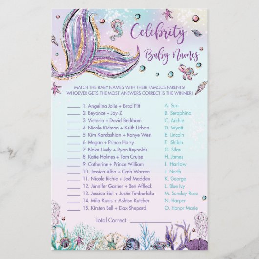 Papier Mermaid Celebrity Baby Names Jeu Douche Activité (Devant)