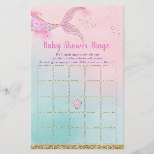 Papier Mermaid Pink Gold Baby shower Jeu de Bingo (Devant)